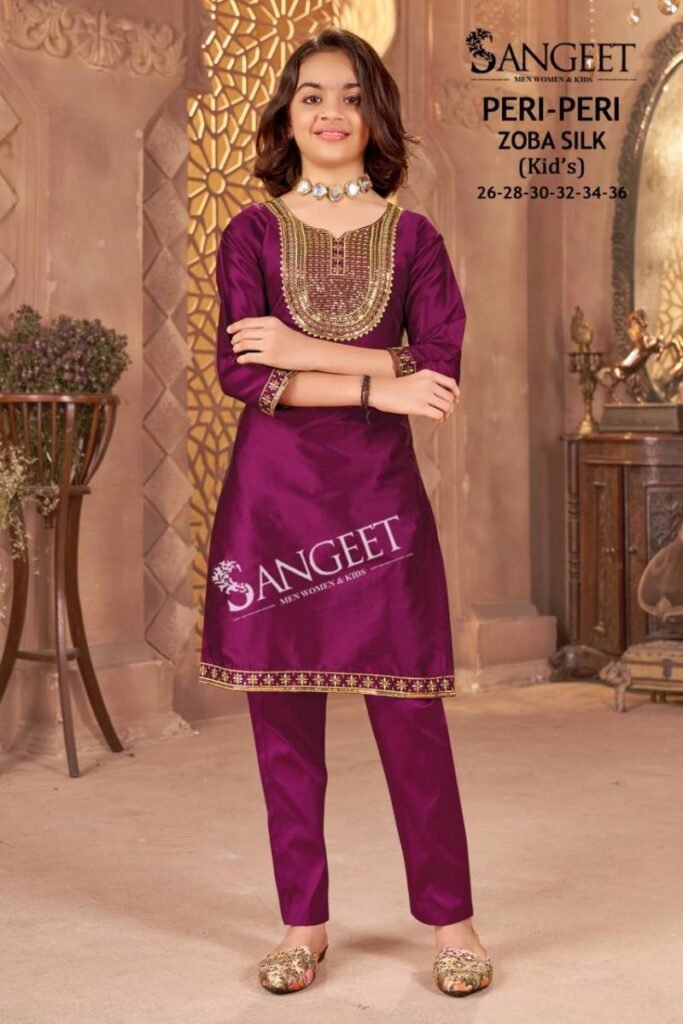 Launching Sangeet Peri Peri Zoba Silk Kids Wear Embroidery Work Kurti And Pant Wholesale 2026