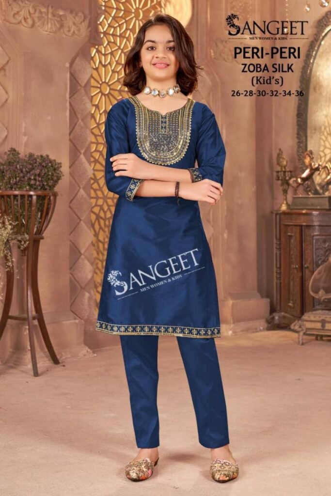 Launching Sangeet Peri Peri Zoba Silk Kids Wear Embroidery Work Kurti And Pant Wholesale 2026