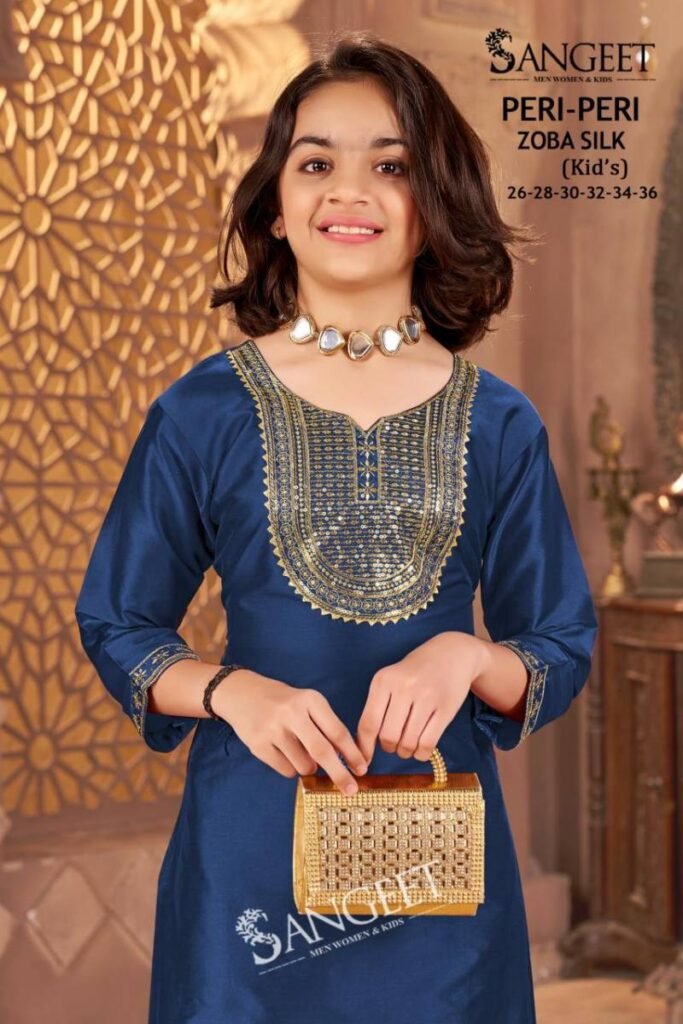 Launching Sangeet Peri Peri Zoba Silk Kids Wear Embroidery Work Kurti And Pant Wholesale 2026