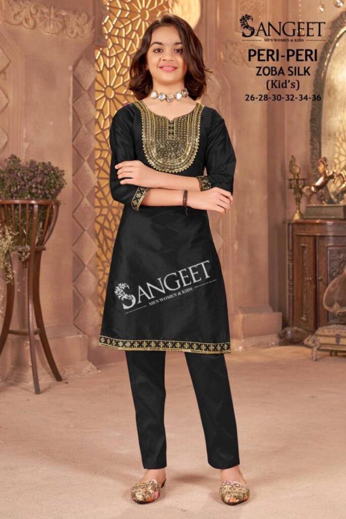 Launching Sangeet Peri Peri Zoba Silk Kids Wear Embroidery Work Kurti And Pant Wholesale 2026