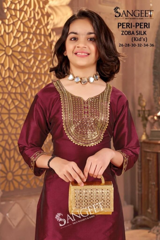 Launching Sangeet Peri Peri Zoba Silk Kids Wear Embroidery Work Kurti And Pant Wholesale 2026