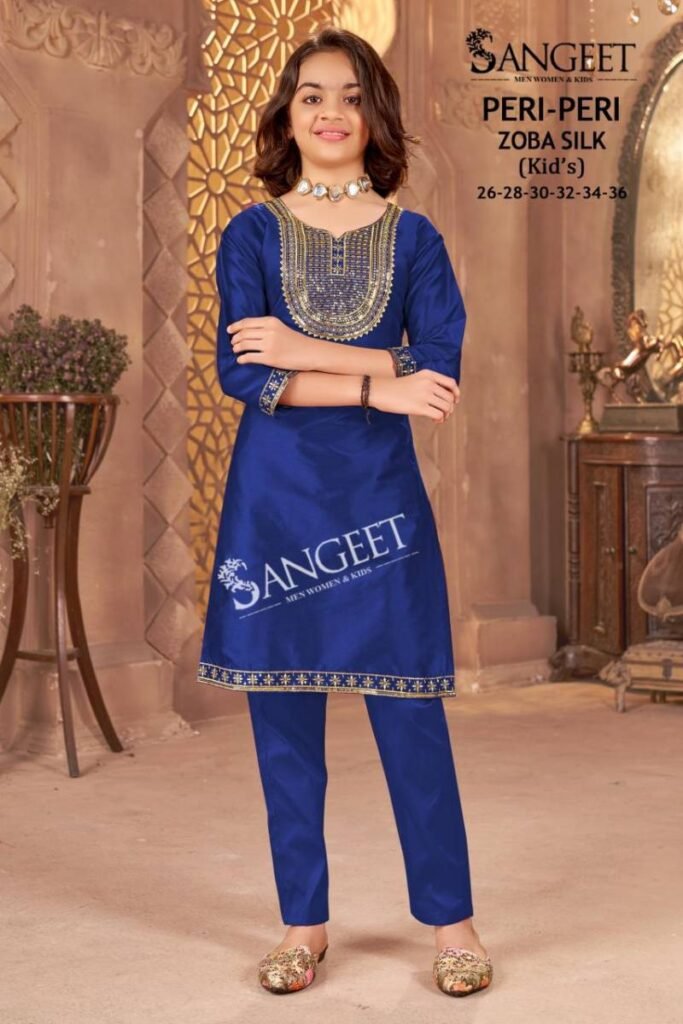 Launching Sangeet Peri Peri Zoba Silk Kids Wear Embroidery Work Kurti And Pant Wholesale 2026