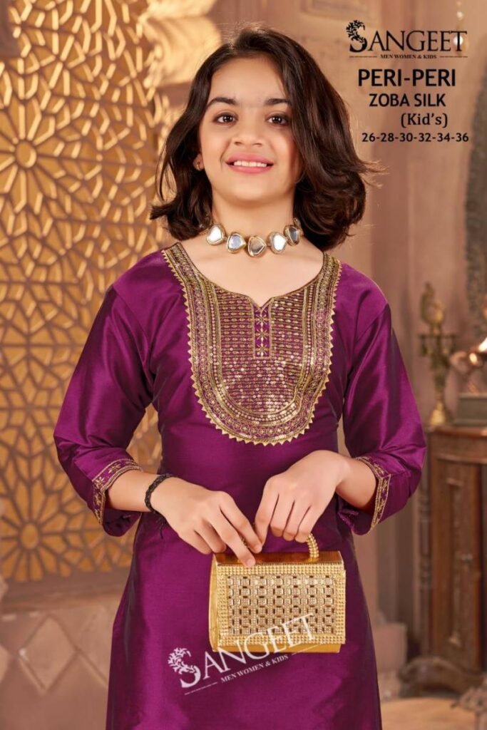 Launching Sangeet Peri Peri Zoba Silk Kids Wear Embroidery Work Kurti And Pant Wholesale 2026