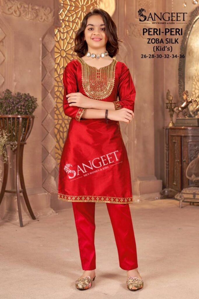 Launching Sangeet Peri Peri Zoba Silk Kids Wear Embroidery Work Kurti And Pant Wholesale 2026