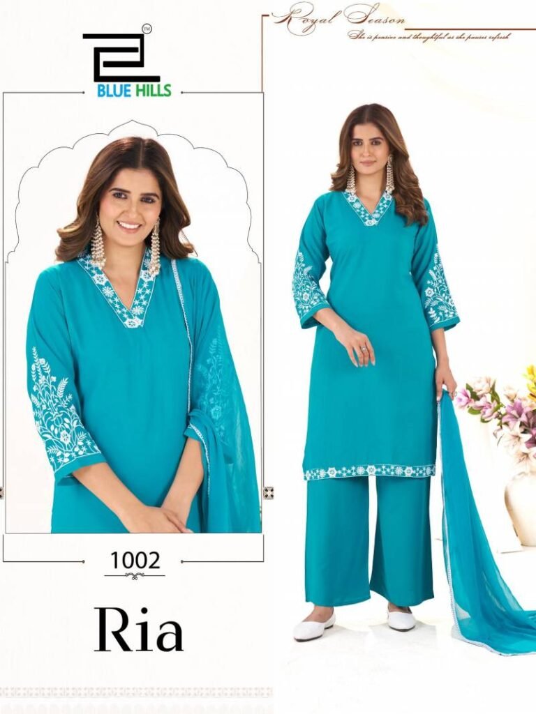 Launching Blue Hills Ria Rayon With Thread Work Kurti Pant And Dupatta Wholesale 2026