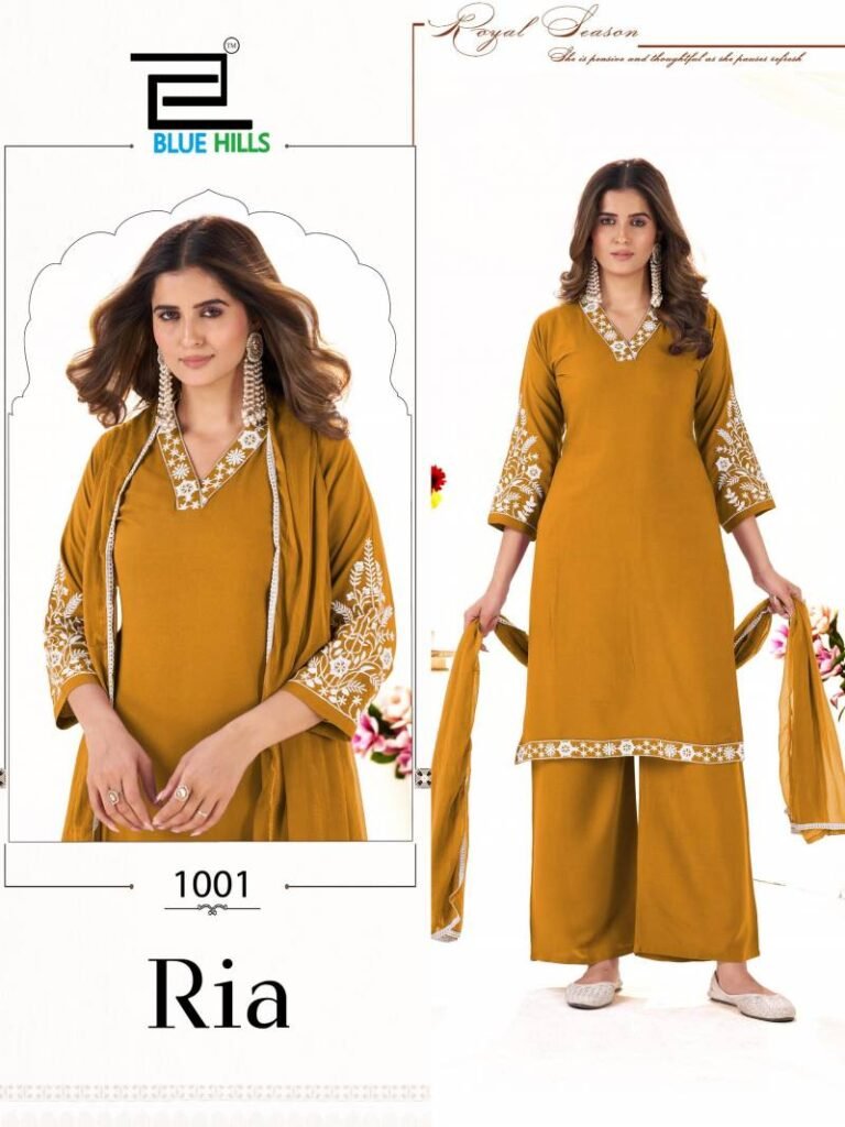 Launching Blue Hills Ria Rayon With Thread Work Kurti Pant And Dupatta Wholesale 2026