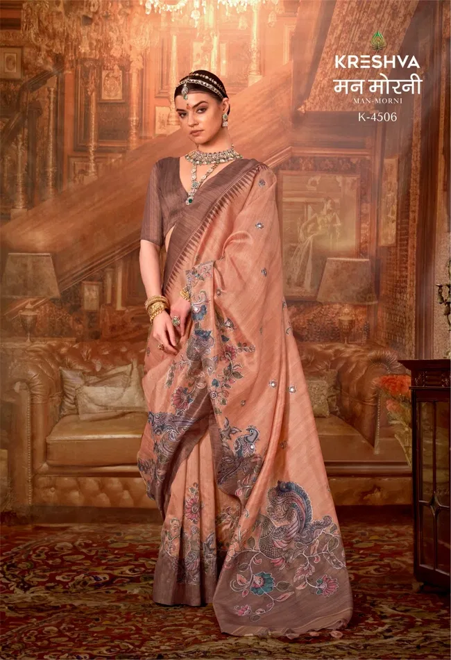 Kreshva Man Morni P.V. Silk With Kalmakari Design Saree Wholesale 6 Stylish Kreshva Man Morni P.V. Silk With Kalmakari Design Saree Wholesale 2026