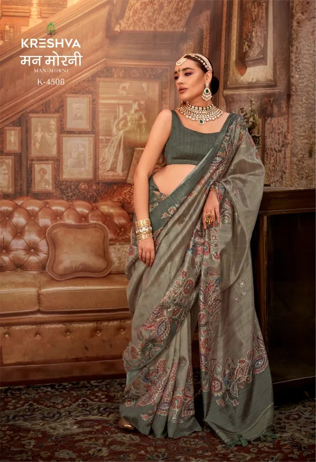 Kreshva Man Morni P.V. Silk With Kalmakari Design Saree Wholesale 10 Stylish Kreshva Man Morni P.V. Silk With Kalmakari Design Saree Wholesale 2026