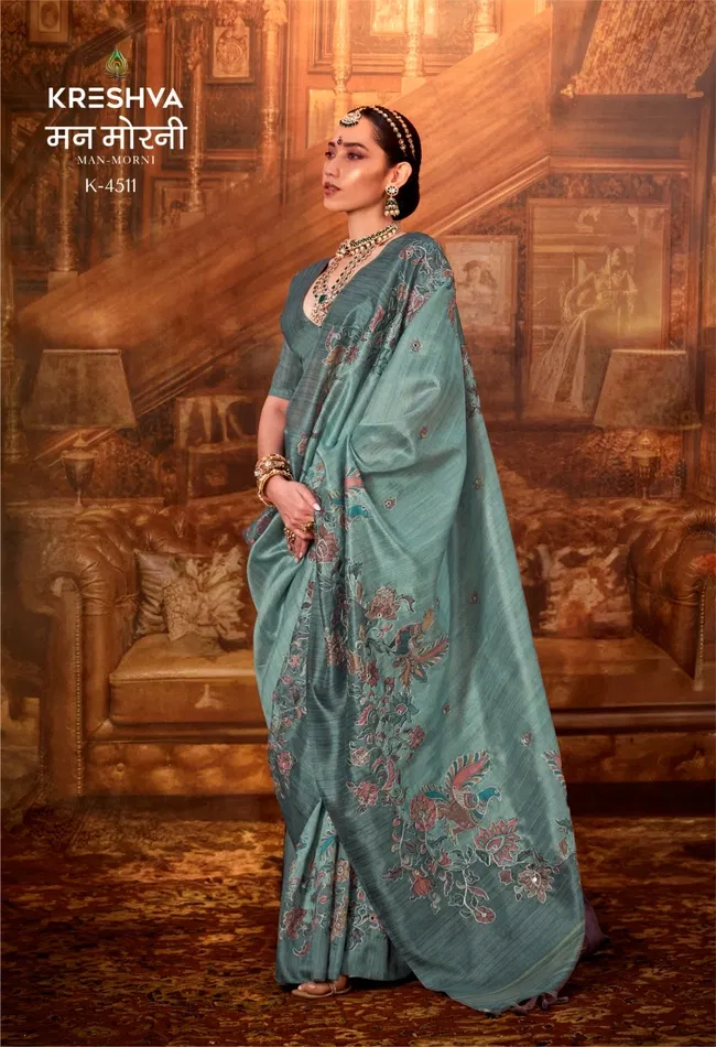 Kreshva Man Morni P.V. Silk With Kalmakari Design Saree Wholesale 12 Stylish Kreshva Man Morni P.V. Silk With Kalmakari Design Saree Wholesale 2026