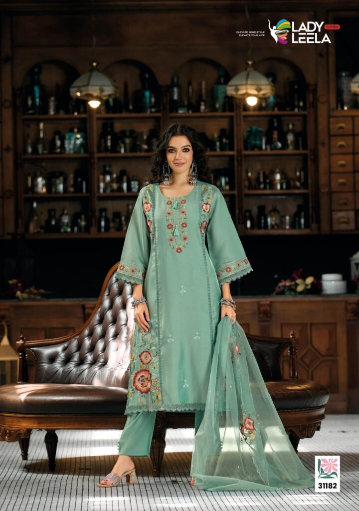 Stylish Lady Leela Saaz Viscose Roman Glass Heavy Embroidery Kurti Bottom With Dupatta Wholesale 2026