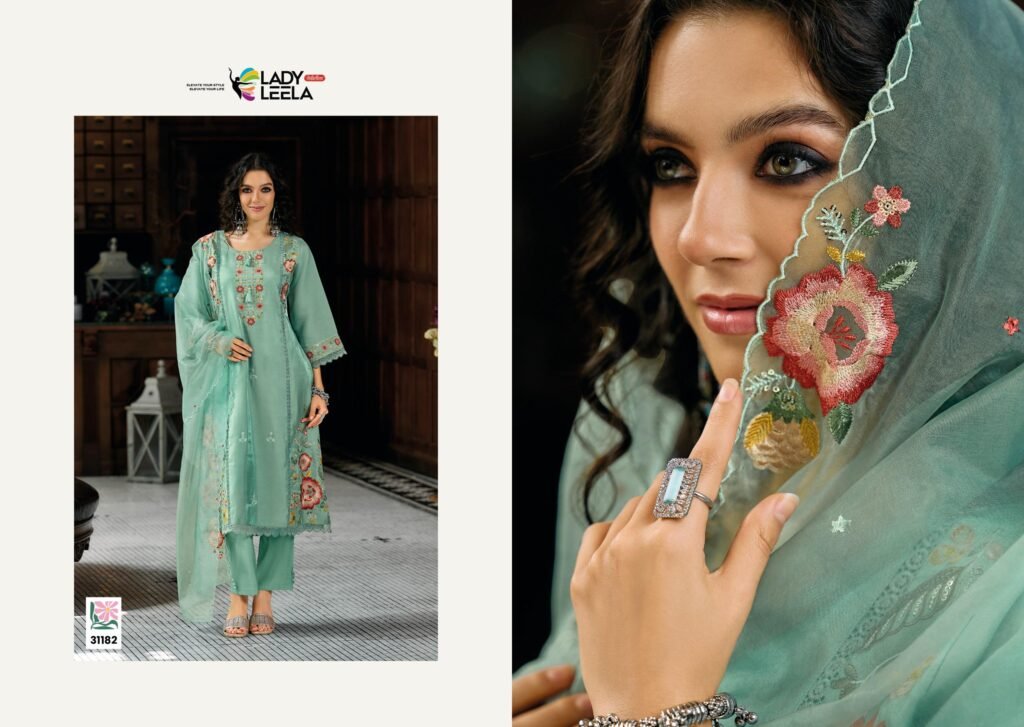 Stylish Lady Leela Saaz Viscose Roman Glass Heavy Embroidery Kurti Bottom With Dupatta Wholesale 2026