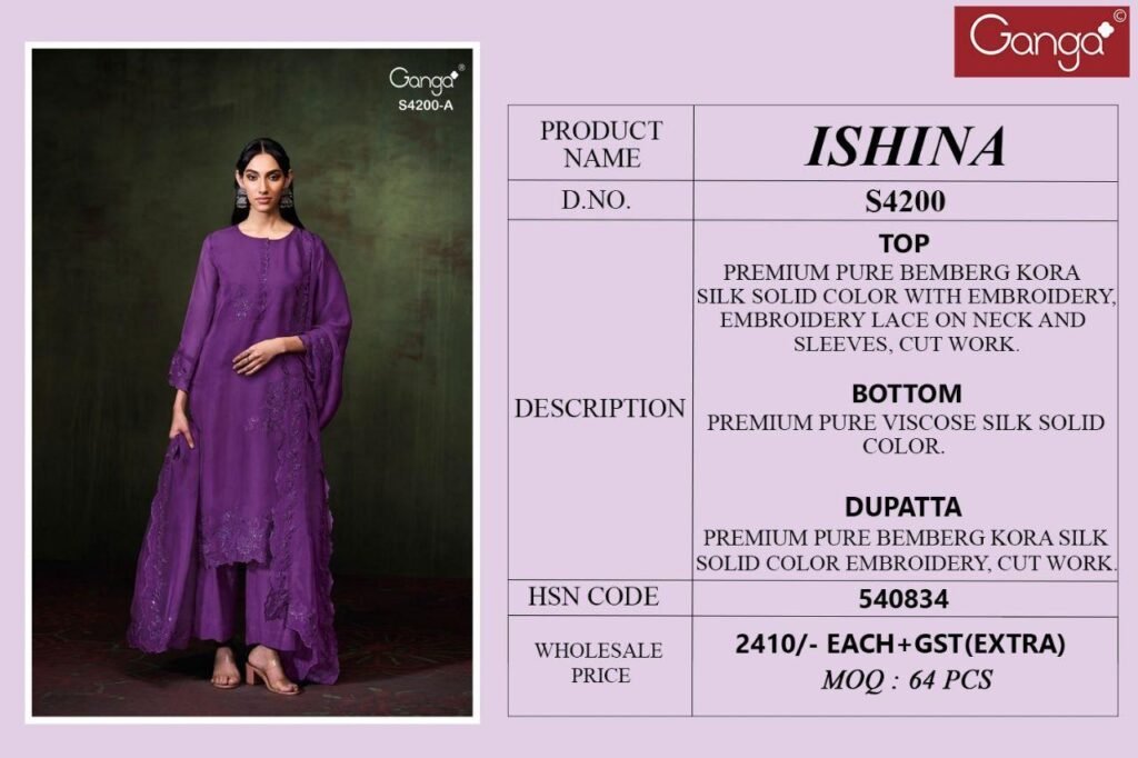 Launching Ganga Ishina 4200 Bemberg Silk Embroidery Work Salwar Kameez Wholesale 2026