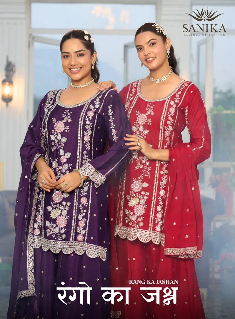 Beautiful Sanika Rango Ka Jashan Chinon Silk Heavy Embroidery Top Plazzo With Dupatta Wholesale 2026