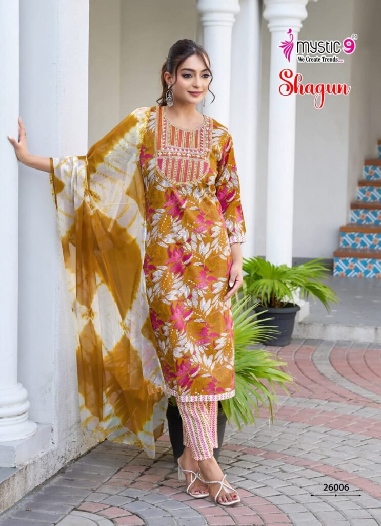 Buy Mystic 9 shagun vol 26 Rayon Capsule Foil Print Straight Kurti Bottom With dupatta Collection Wholesale 2026