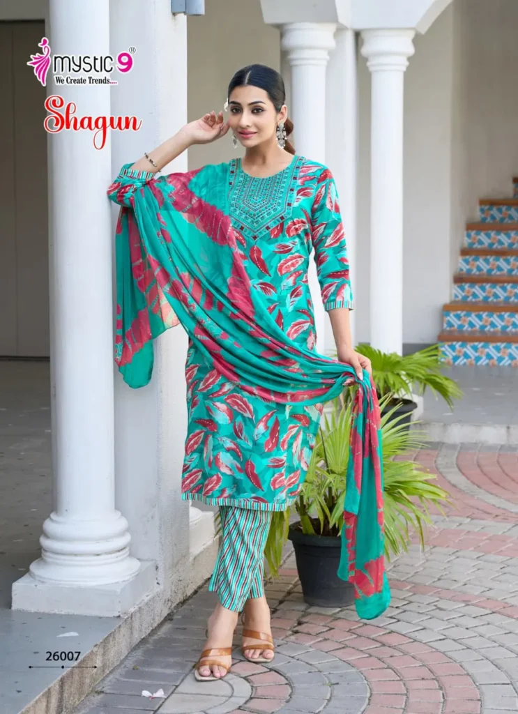 Buy Mystic 9 shagun vol 26 Rayon Capsule Foil Print Straight Kurti Bottom With dupatta Collection Wholesale 2026
