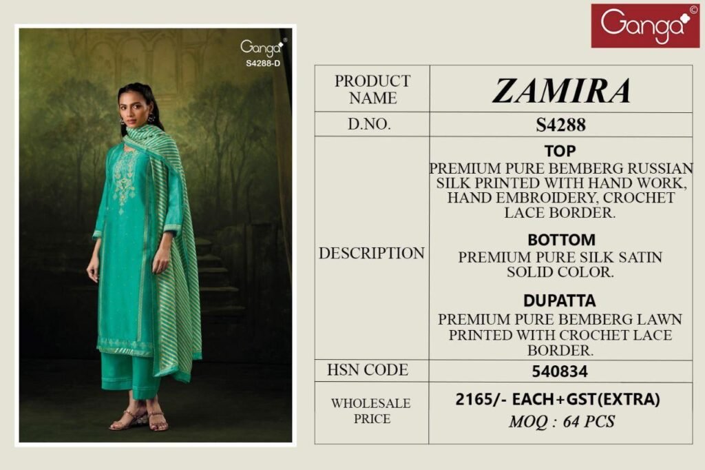 Latest Ganga Zamira 4288 Bemberg Russain Silk Embroidery Salwar Kameez Wholesale 2026