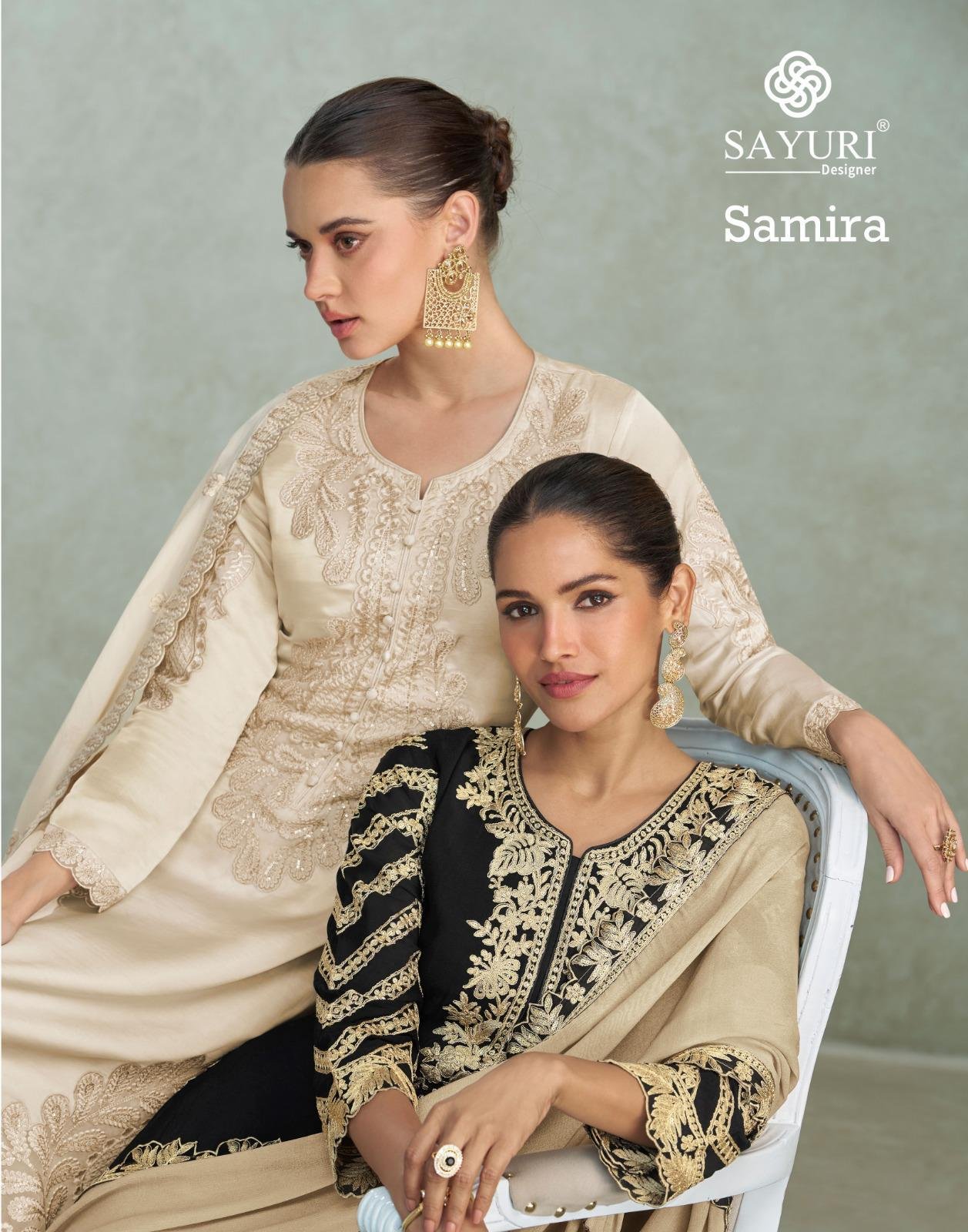 Sayuri Samira Chinon Silk Embroidery Top With Plazzo Suit Wholesale