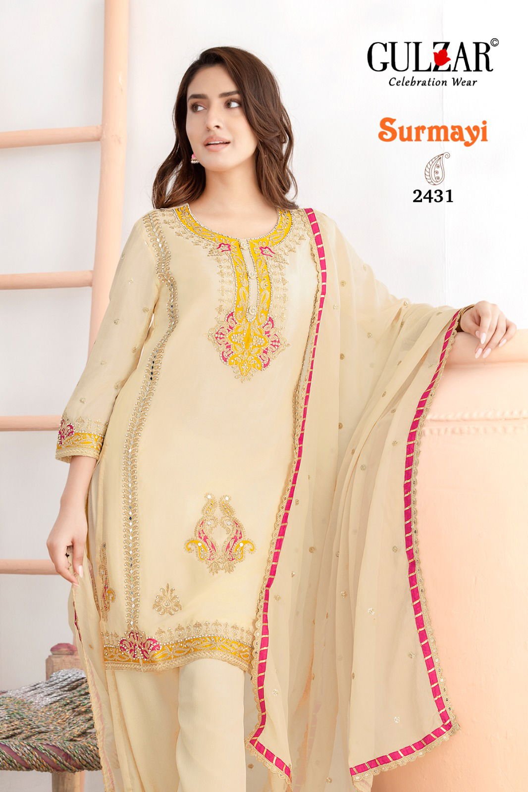 Gulzar Surmayi Chinon With Mirror Work Top Bottom And Dupatta Wholesale