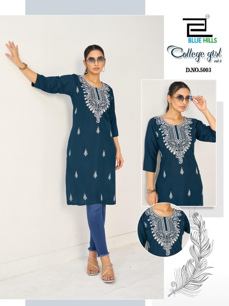 Latest Blue Hills College Girl Vol 5 Rayon Embroidery Casual Wear Kurti Collection Wholesale 2026