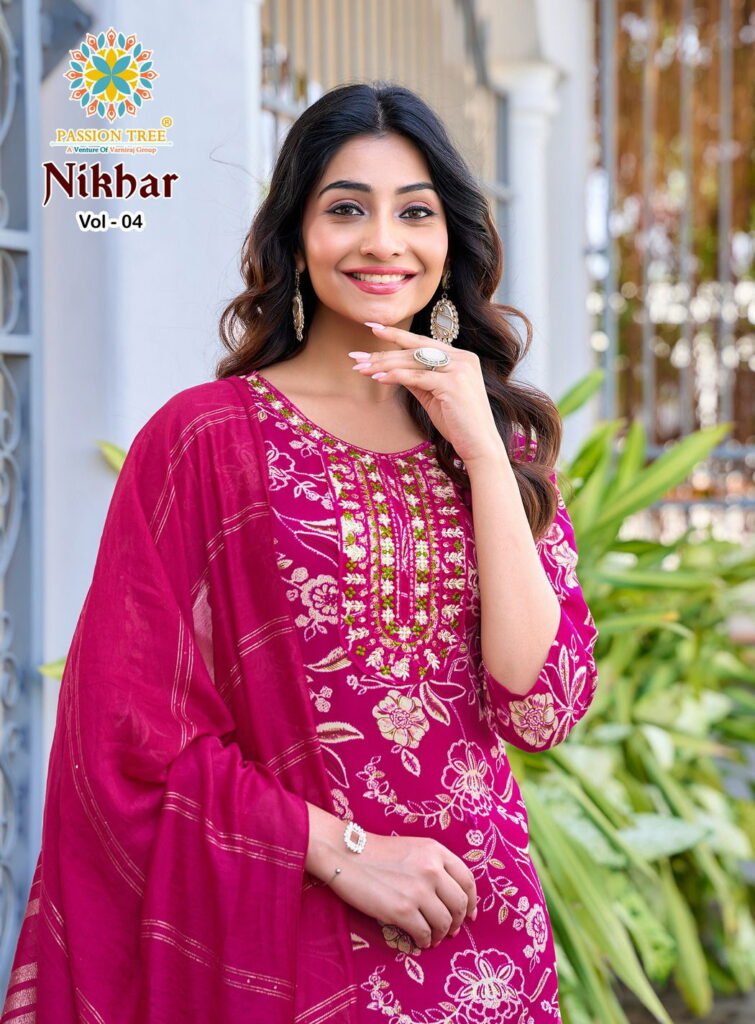 Stylish Nikhar Vol 4 By Passion Tree Rayon With Foil Print Top Bottom And Dupatta Wholesale 2026 3 Stylish Nikhar Vol 4 By Passion Tree Rayon With Foil Print Top Bottom And Dupatta Wholesale 2026
