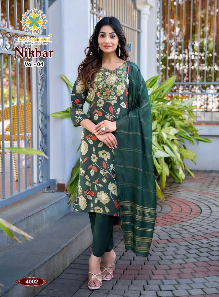 Stylish Nikhar Vol 4 By Passion Tree Rayon With Foil Print Top Bottom And Dupatta Wholesale 2026 4 Stylish Nikhar Vol 4 By Passion Tree Rayon With Foil Print Top Bottom And Dupatta Wholesale 2026