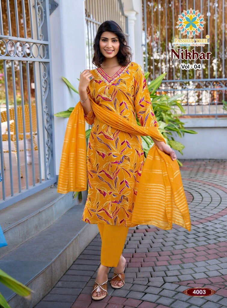 Stylish Nikhar Vol 4 By Passion Tree Rayon With Foil Print Top Bottom And Dupatta Wholesale 2026 5 Stylish Nikhar Vol 4 By Passion Tree Rayon With Foil Print Top Bottom And Dupatta Wholesale 2026