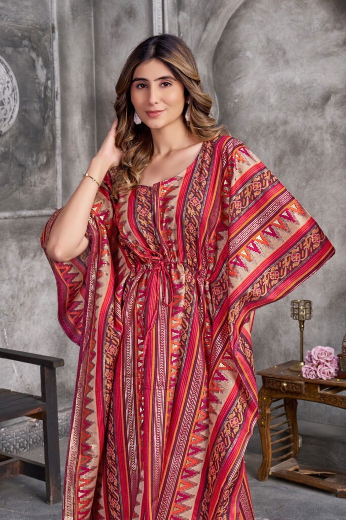 Stylish Vouch Kaftan Muslin Foil Printed Kaftan Kurti Collection Wholesale 2026 4 Stylish Vouch Kaftan Muslin Foil Printed Kaftan Kurti Collection Wholesale 2026