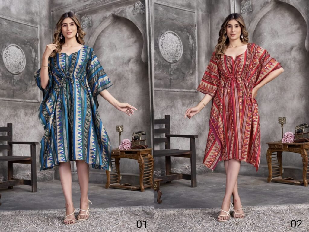 Stylish Vouch Kaftan Muslin Foil Printed Kaftan Kurti Collection Wholesale 2026 7 Stylish Vouch Kaftan Muslin Foil Printed Kaftan Kurti Collection Wholesale 2026