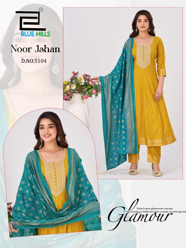 Stylish Blue Hills Noor Jahan Chanderi Foil Printed Embroidery Top Bottom And Dupatta Wholesale 2026