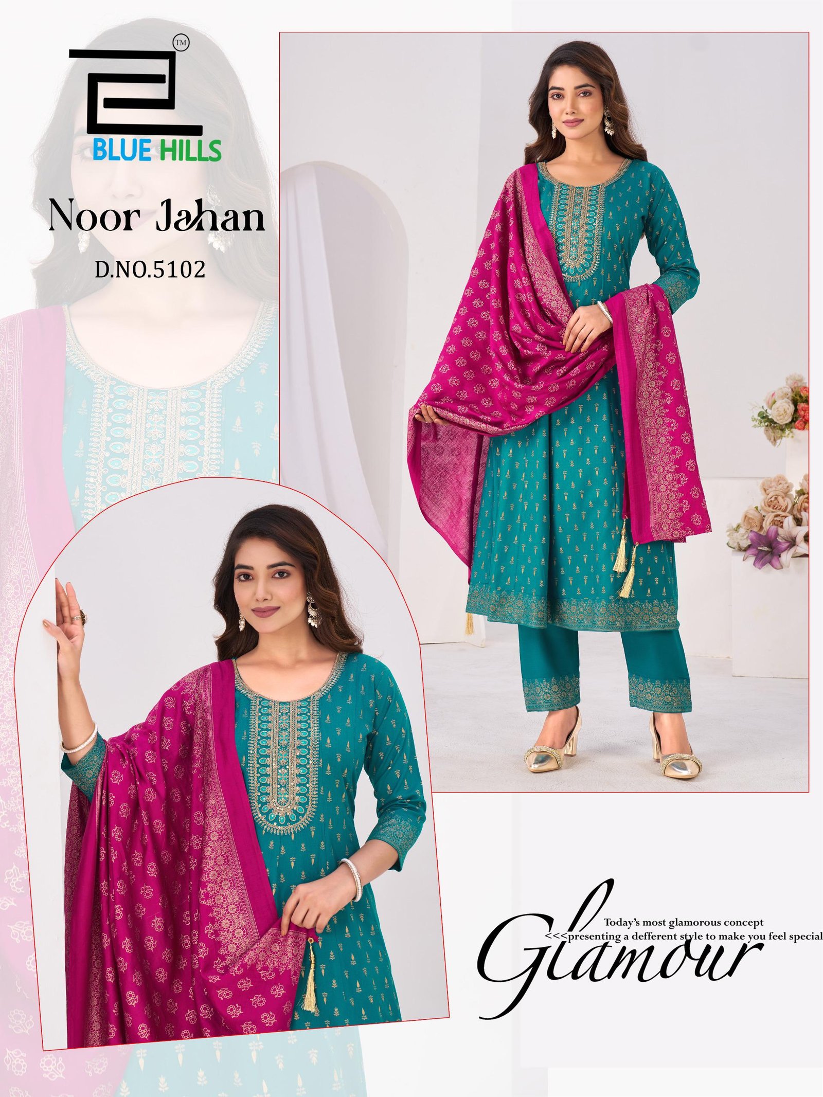 Blue Hills Noor Jahan Chanderi Foil Printed Embroidery Top Bottom And Dupatta Wholesale 9 Stylish Blue Hills Noor Jahan Chanderi Foil Printed Embroidery Top Bottom And Dupatta Wholesale 2026