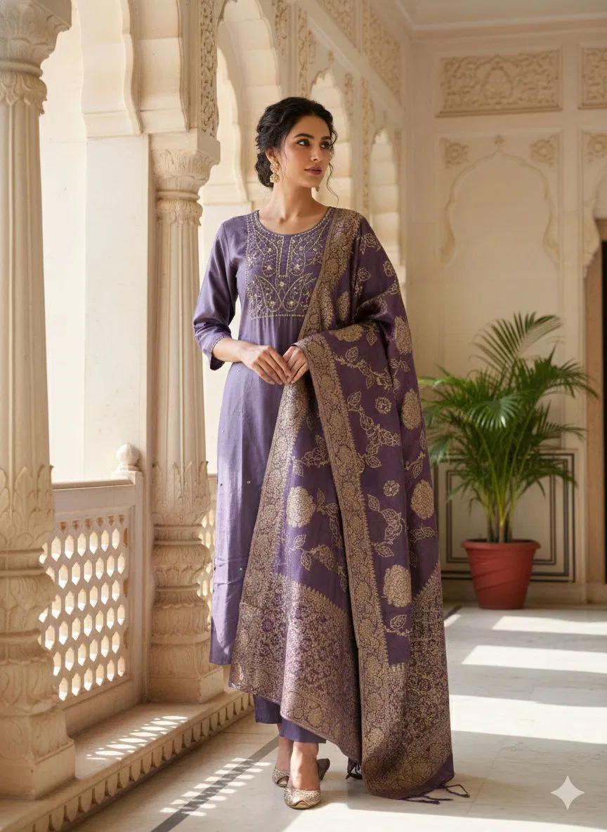 Naisha K 555 Roman Silk With Handwork Kurti Pant And Dupatta Collection Wholesale