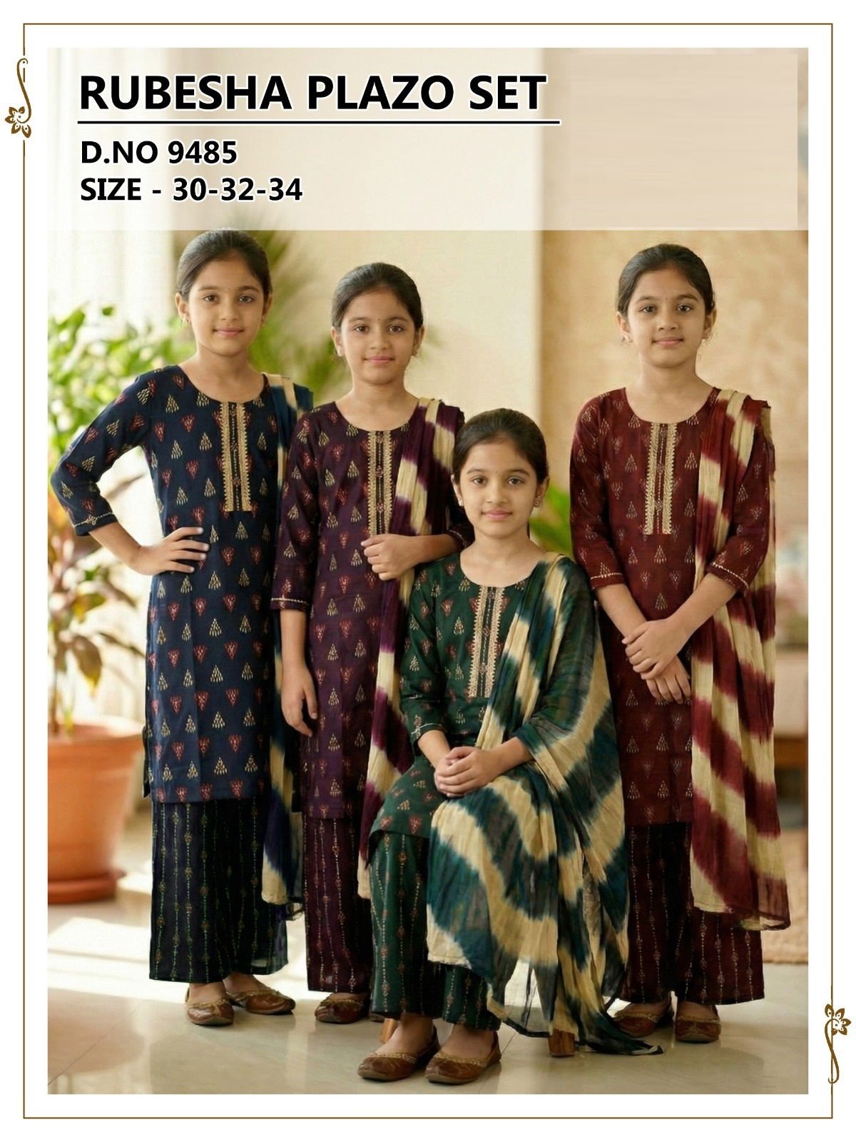 Rubesha Plazo Set 9485 Rayon Printed Kids Kurti And Bottom Dupatta Collection Wholesale