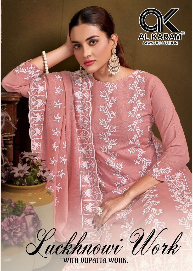 Al Karam Lucknowi Work 4001 Cotton With Embroidery Work Dress Material Wholesale
