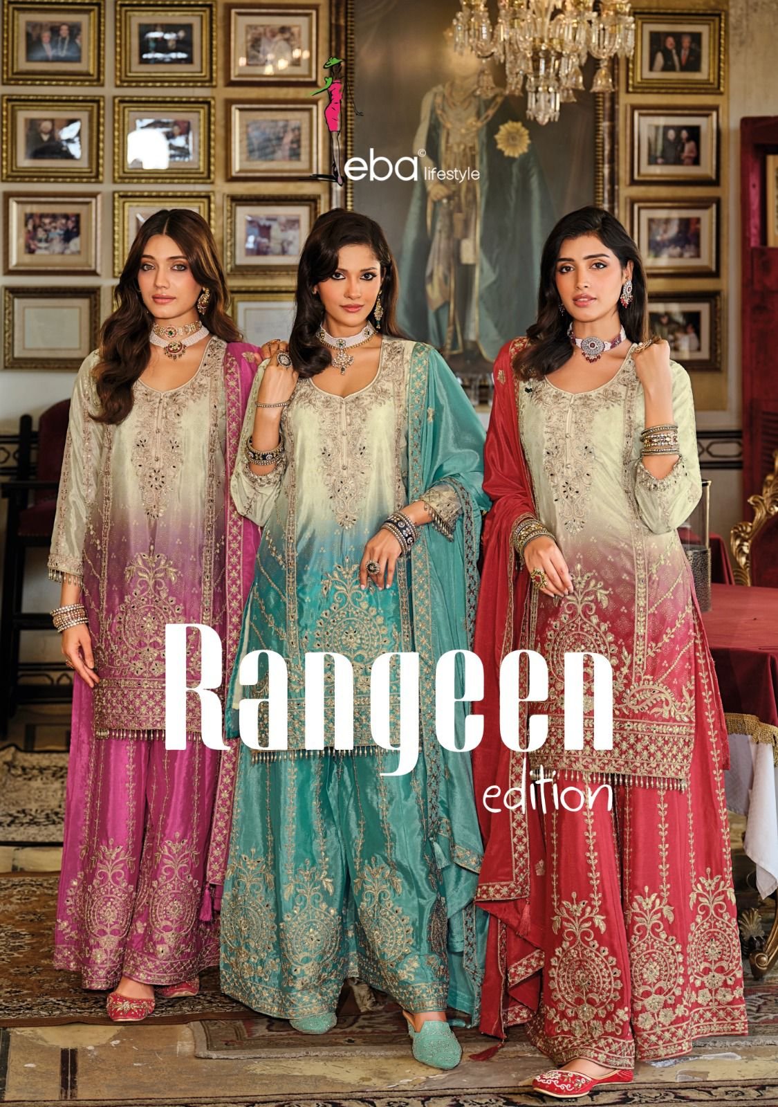 Eba Rangeen Edition Chinon Digital Print With Embroidery Kurti Pant And Dupatta Wholesale