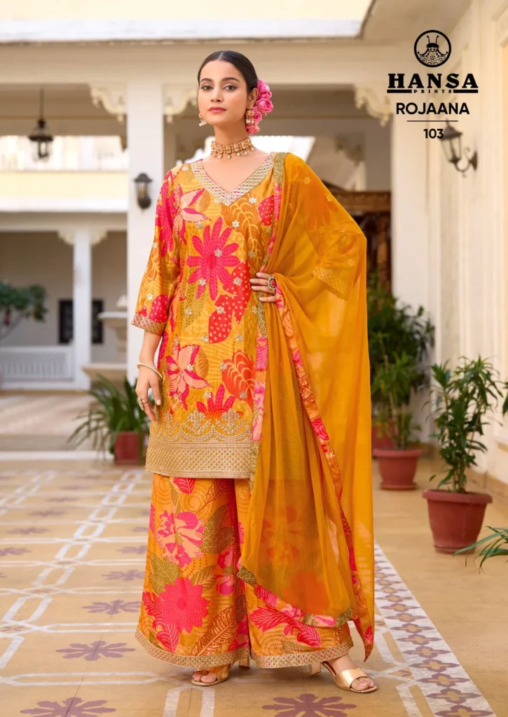 Launching Hansa Rojaana Chinon Digital Print With Embroidery Readymade Dress Wholesale 2026