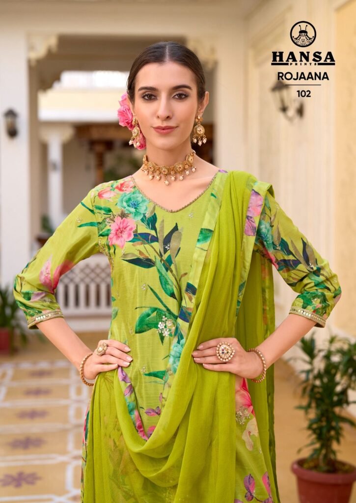 Launching Hansa Rojaana Chinon Digital Print With Embroidery Readymade Dress Wholesale 2026