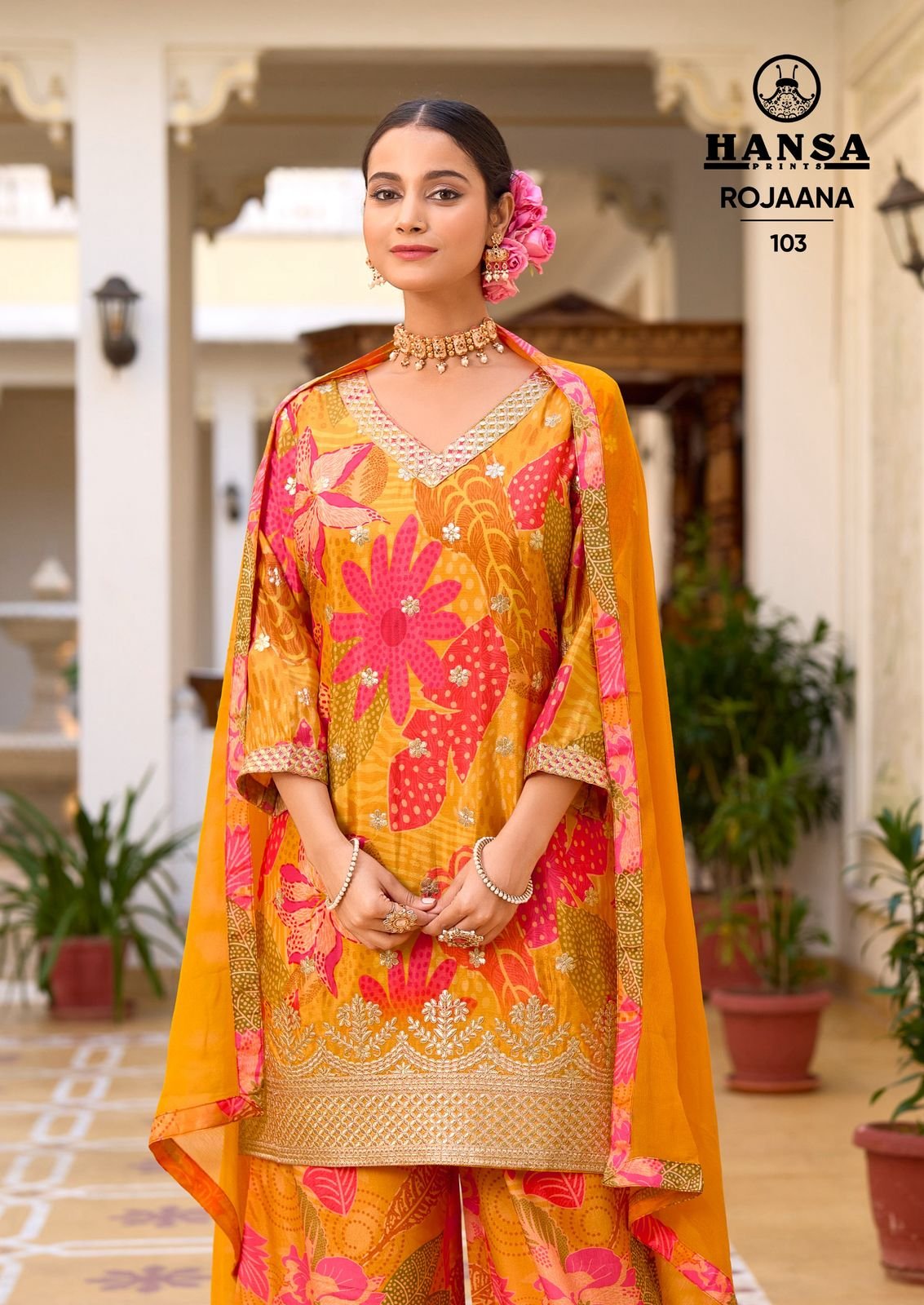 Hansa Rojaana Chinon Digital Print With Embroidery Readymade Dress Wholesale