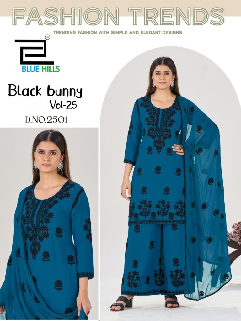 Buy Blue Hills Black Bunny Vol 25 Rayon With Thread Work Kurti Pant And Dupatta Wholesale 2026