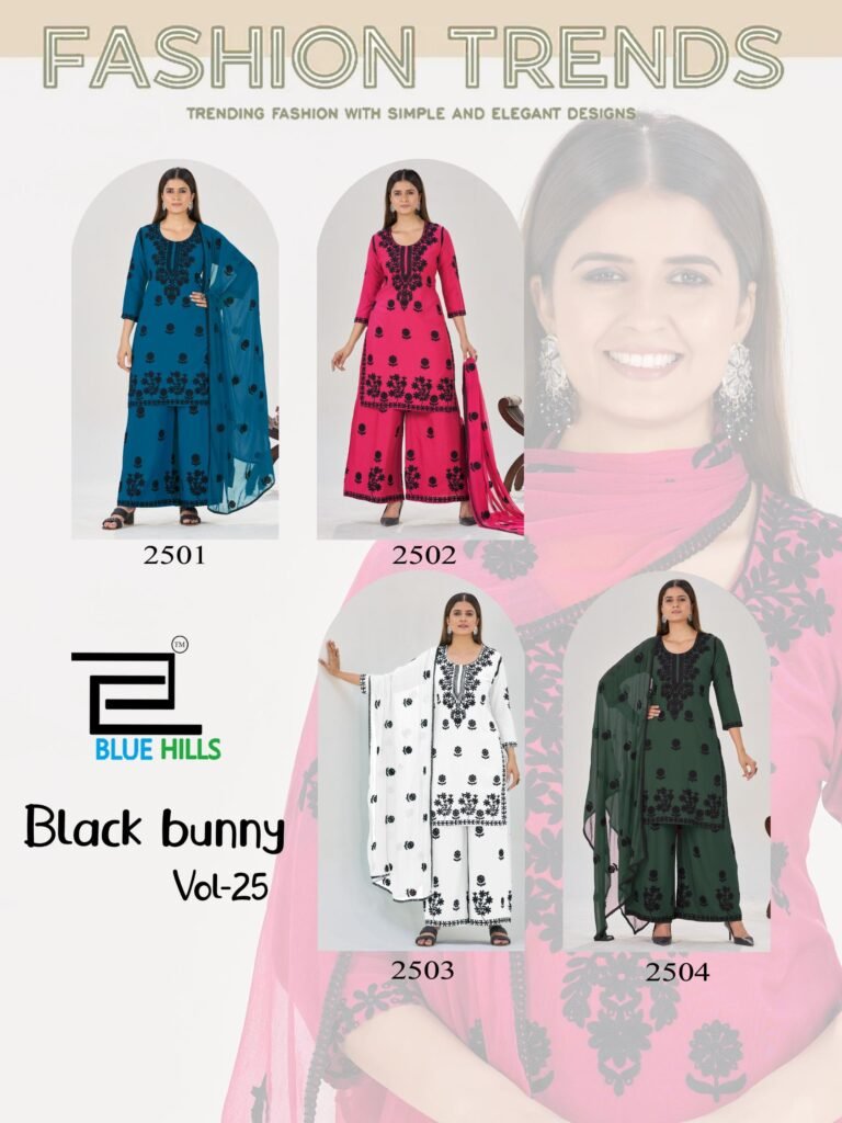 Buy Blue Hills Black Bunny Vol 25 Rayon With Thread Work Kurti Pant And Dupatta Wholesale 2026