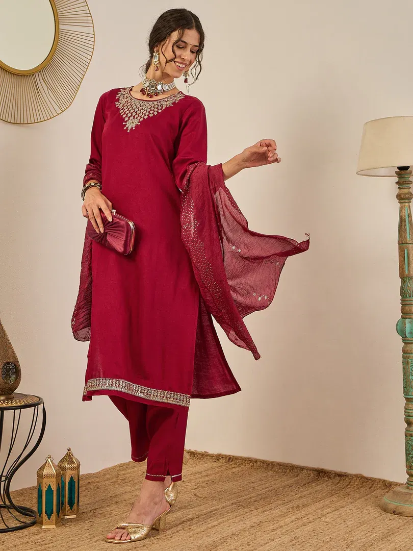 VP 9559 Viscose Rayon Kurta Pant Set with Chanderi Silk Dupatta Wholesale