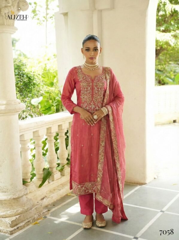Latest Alizeh 7058 To 7061 Shimmer Silk With Work Kurti Pant And Dupatta Wholesale 2026