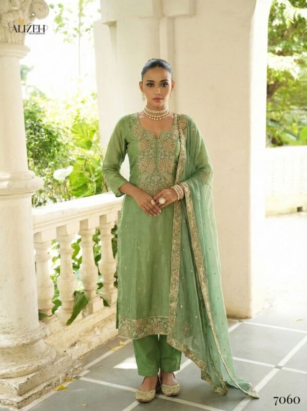 Latest Alizeh 7058 To 7061 Shimmer Silk With Work Kurti Pant And Dupatta Wholesale 2026