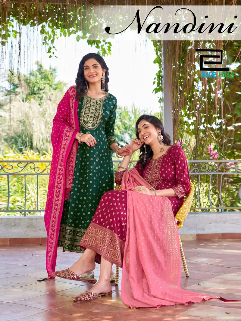 Blue Hills Nandini Rayon Foil Print Anarkali Gown With Dupatta Wholesale