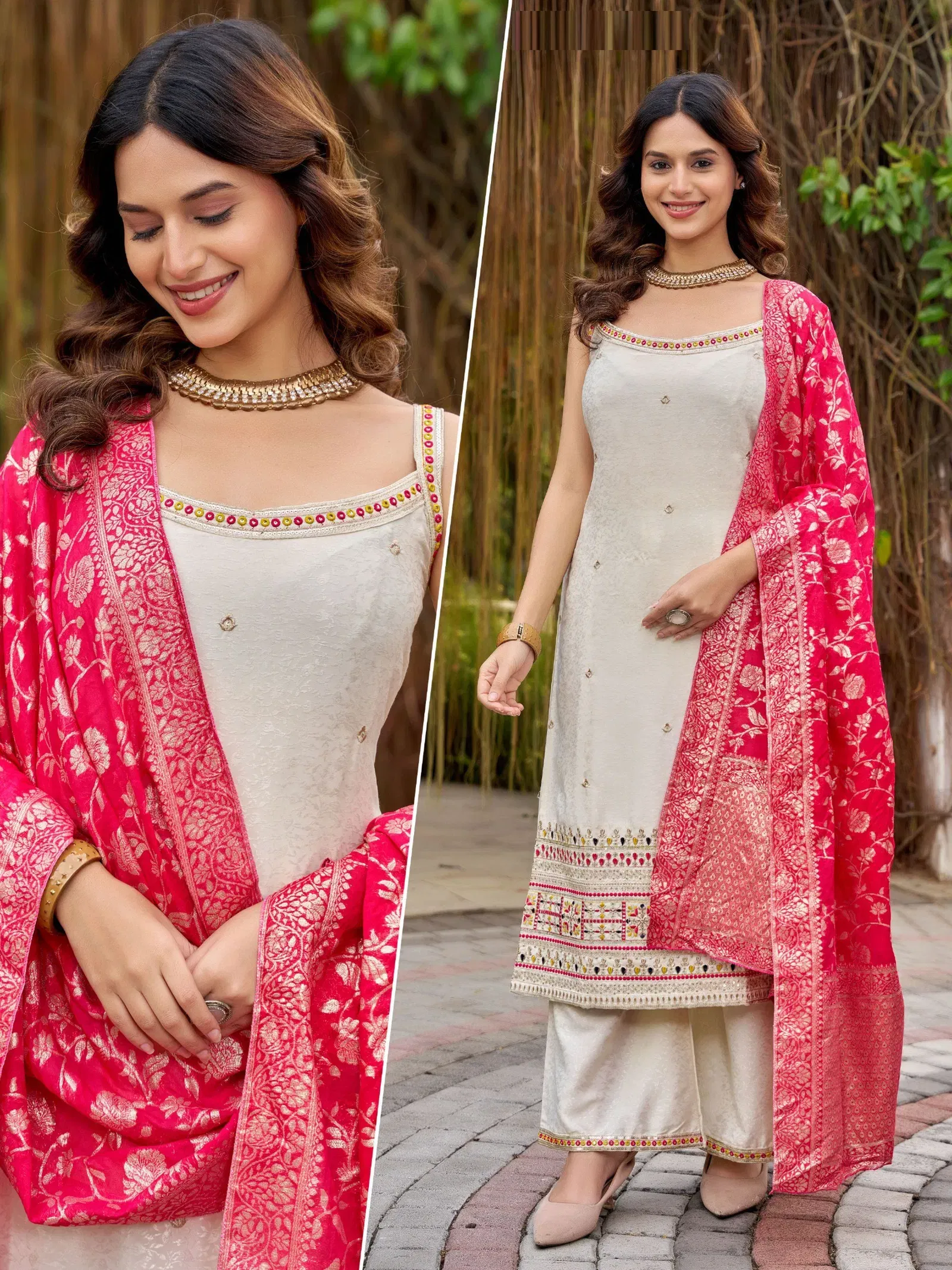 Naisha K 627 Jacqaurd With Work Sleeveless Kurti Plazzo And Dupatta Wholesale