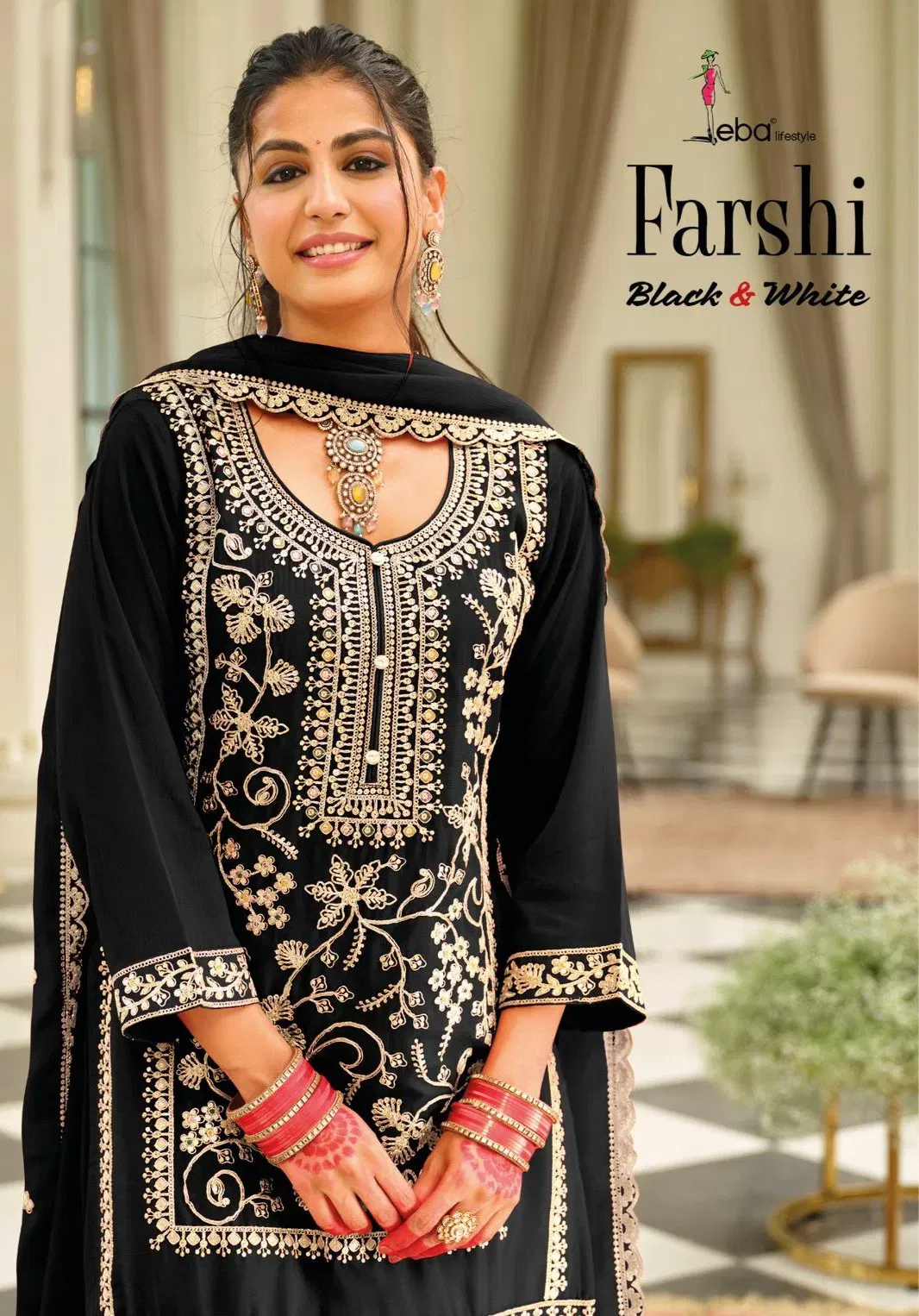 Eba Farshi Balck And White Chinon Embroidery Top Bottom And Dupatta Collection Wholesale
