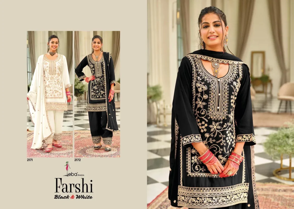 Stylish Eba Farshi Balck And White Chinon Embroidery Top Bottom And Dupatta Collection Wholesale 2026