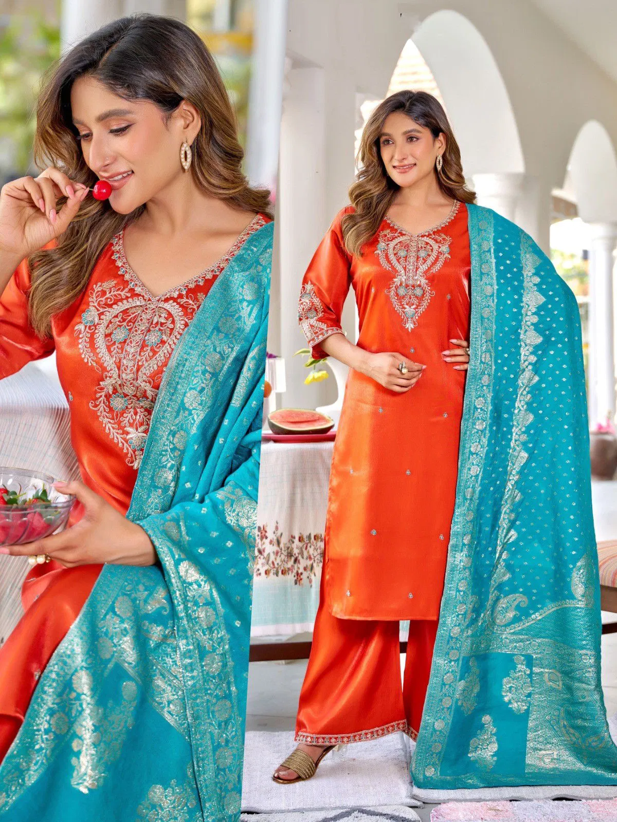 Naisha K 645 Roman Glass With Work Kurti Pant And Dupatta Collection Wholesale