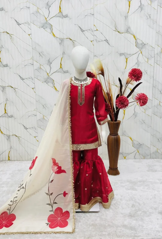 Launching OC 240 Fendi Silk Kids Top With Sharara And Dupatta Set Collection Wholesale 2026