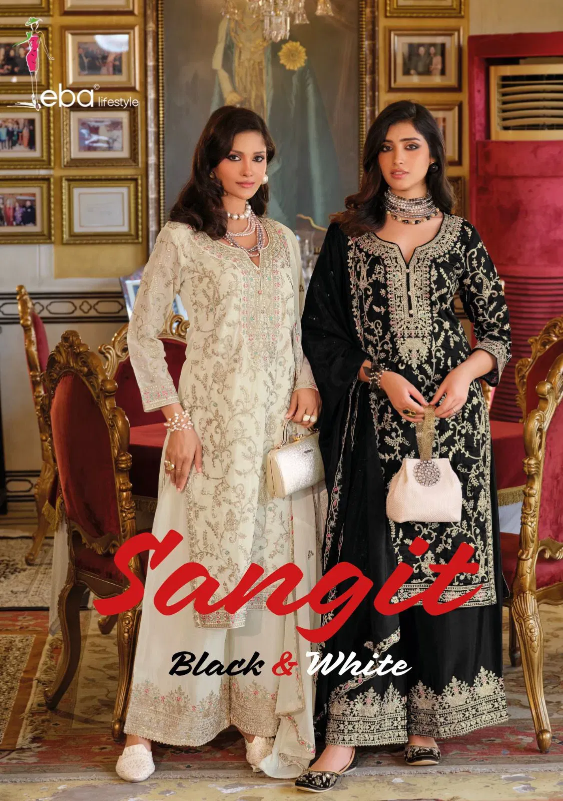Eba Sangit Black And White Chinon Embroidery Top Bottom And Dupatta Collection Wholesale
