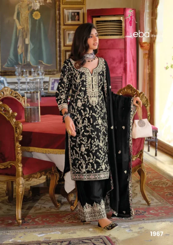 Stylish Eba Sangit Black And White Chinon Embroidery Top Bottom And Dupatta Collection Wholesale 2026